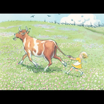 「おりこうなアニカ 挿絵 #7 （逃げ出した牛のマイロスの尻尾を引っ張るアニカ）」 エルサ・ベスコフ