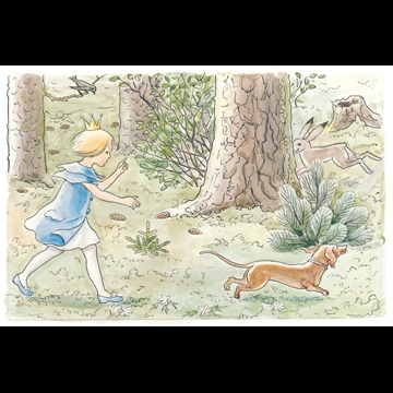 「おうじょさまのぼうけん 挿絵 #4 （兎を追いかける犬のペレと後を追うセサレット王女）」 エルサ・ベスコフ