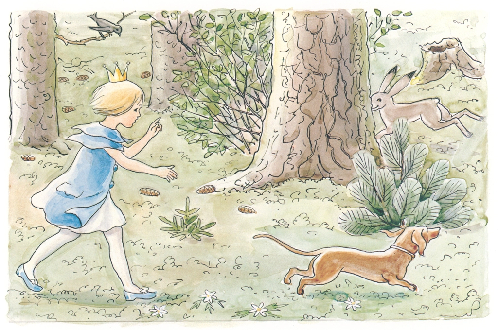 「おうじょさまのぼうけん 挿絵 #4 （兎を追いかける犬のペレと後を追うセサレット王女）」 エルサ・ベスコフ | 1