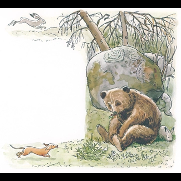 「おうじょさまのぼうけん 挿絵 #7 （熊の後ろに隠れる兎と追いかけて来た犬のペレ）」 エルサ・ベスコフ