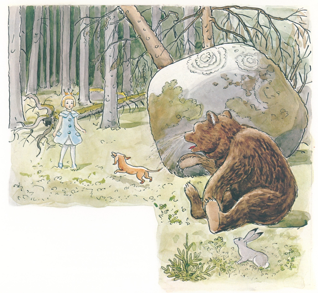 「おうじょさまのぼうけん 挿絵 #9 （セサレット王女の姿を見てびっくりしてくしゃみする熊）」 エルサ・ベスコフ | 1