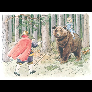 「おうじょさまのぼうけん 挿絵 #12 （熊の背中に乗ったセサレット王女と驚く王様）」 エルサ・ベスコフ