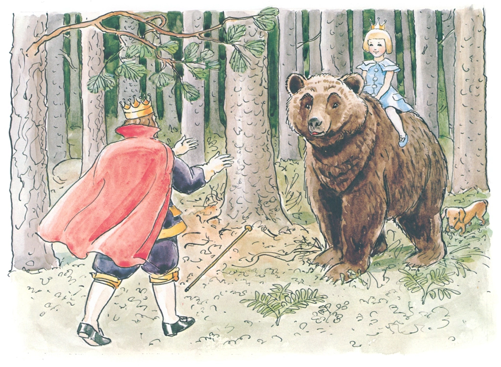 「おうじょさまのぼうけん 挿絵 #12 （熊の背中に乗ったセサレット王女と驚く王様）」 エルサ・ベスコフ | 1