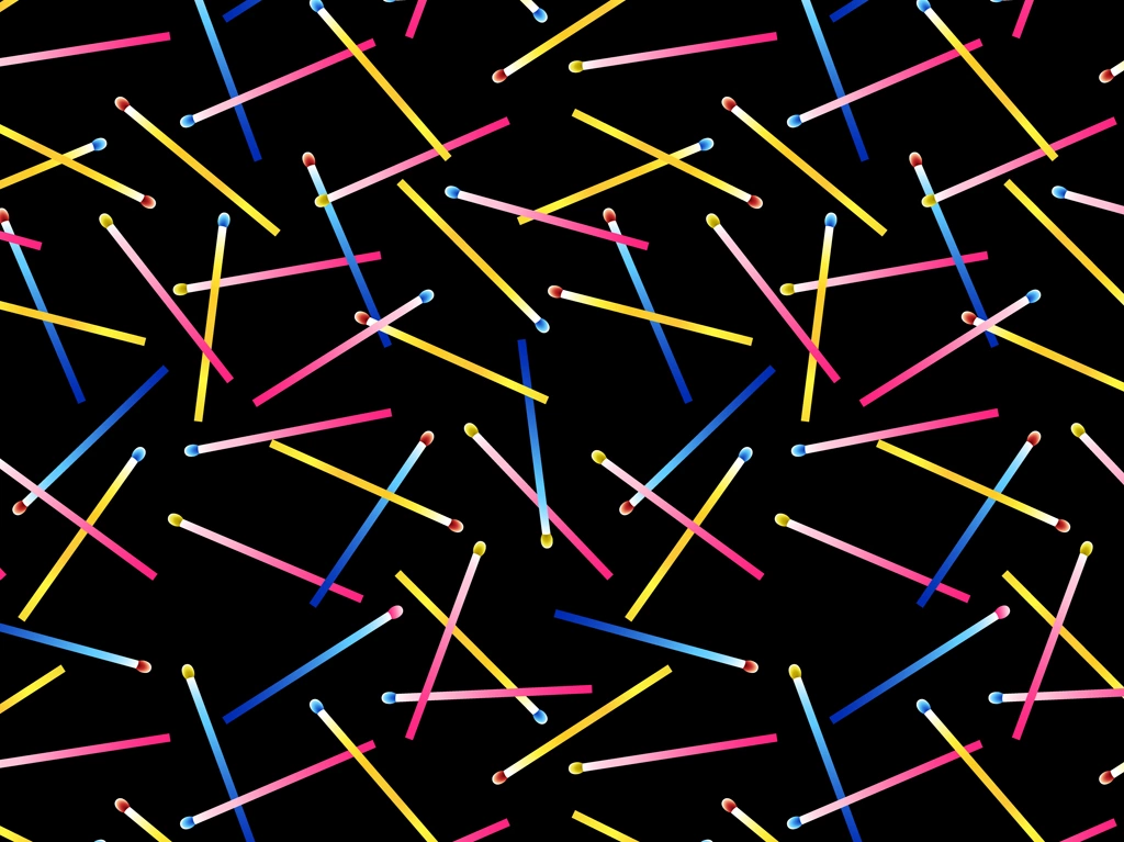 6種類のマッチ柄の背景イラストとベクター | カラフルなマッチと黒色 #2