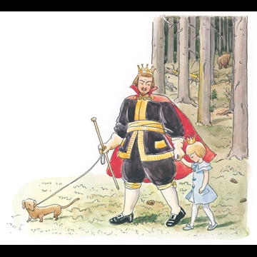 「おうじょさまのぼうけん 挿絵 #14 （城に帰る王様とセサレット王女と犬のペレ）」 エルサ・ベスコフ