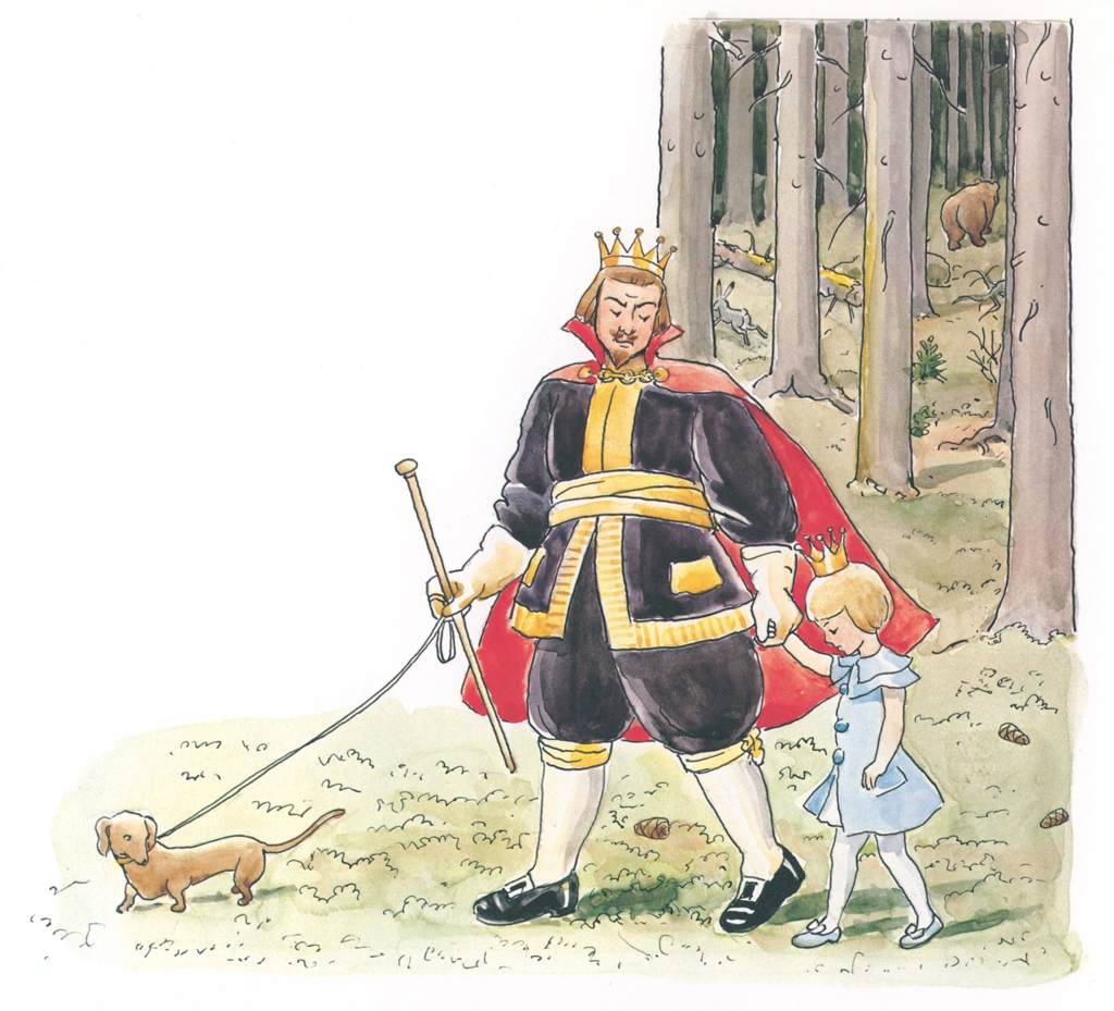 「おうじょさまのぼうけん 挿絵 #14 （城に帰る王様とセサレット王女と犬のペレ）」 エルサ・ベスコフ | 1