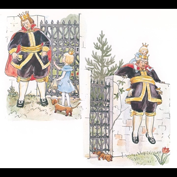 「おうじょさまのぼうけん 挿絵 #15 （鍵を無くし、塀を乗り越える王様とセサレット王女）」 エルサ・ベスコフ