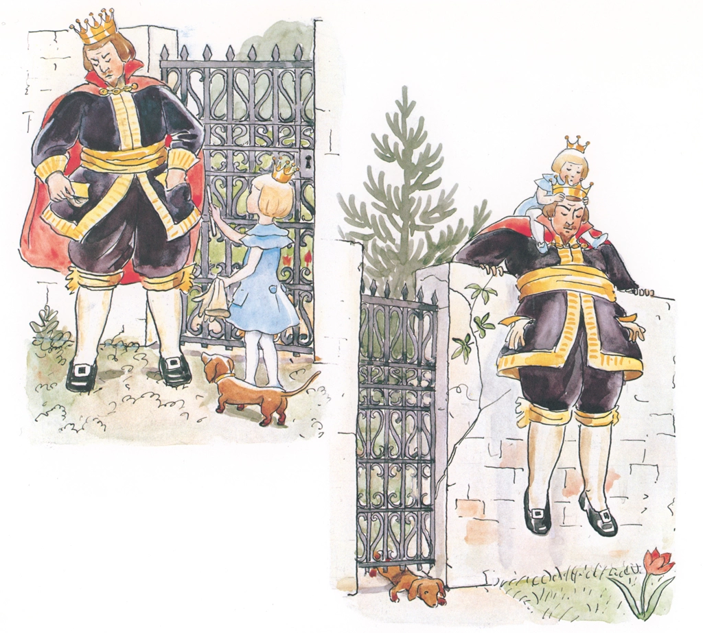 「おうじょさまのぼうけん 挿絵 #15 （鍵を無くし、塀を乗り越える王様とセサレット王女）」 エルサ・ベスコフ | 1