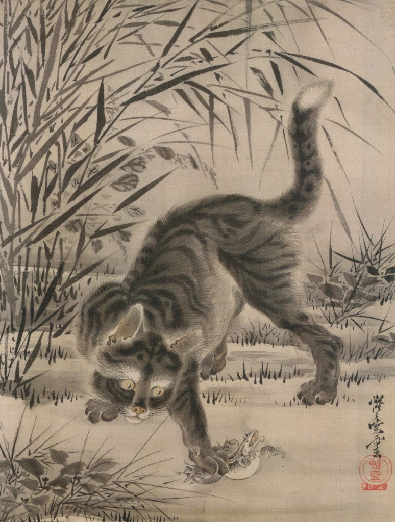 「蛙を捕まえる猫図」 河鍋暁斎 （1888年） | 画鬼・暁斎 KYOSAI 幕末明治のスター絵師と弟子コンドルより