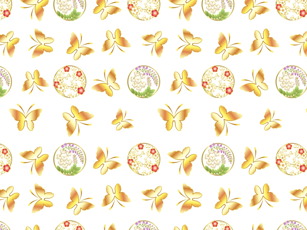 6種類の蝶・藤・梅柄模様の和柄背景イラストとベクター | 金色と白色