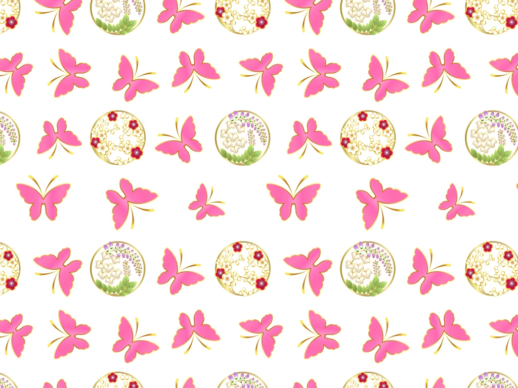 6種類の蝶・藤・梅柄模様の和柄背景イラストとベクター | ピンク色と白色