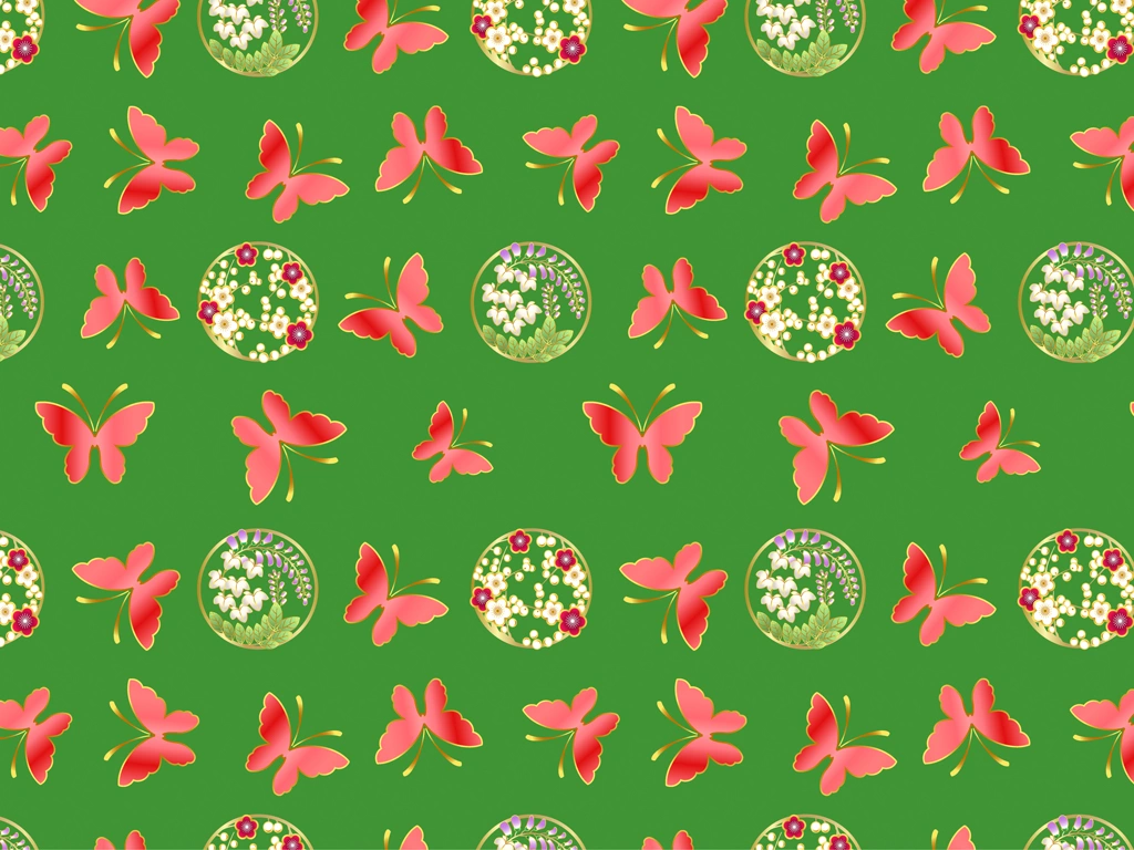 6種類の蝶・藤・梅柄模様の和柄背景イラストとベクター | 赤色と緑色
