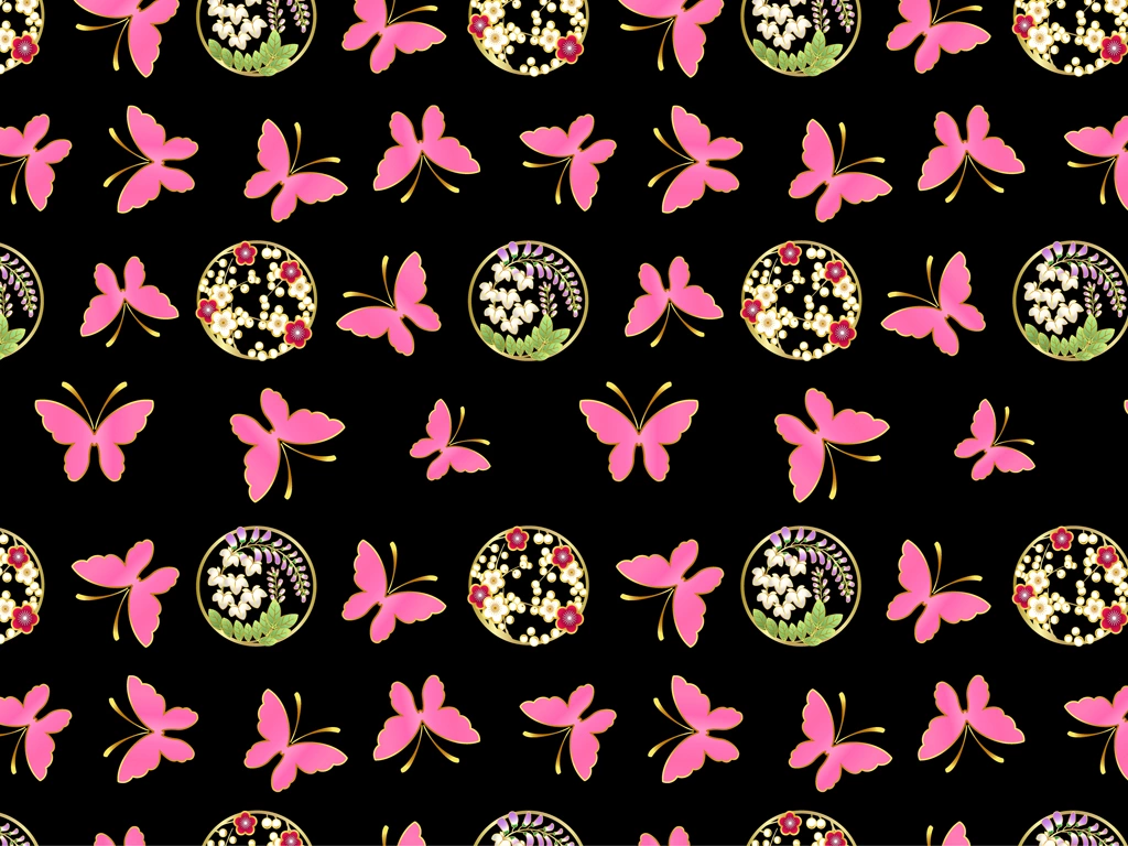 6種類の蝶・藤・梅柄模様の和柄背景イラストとベクター | ピンク色と黒色