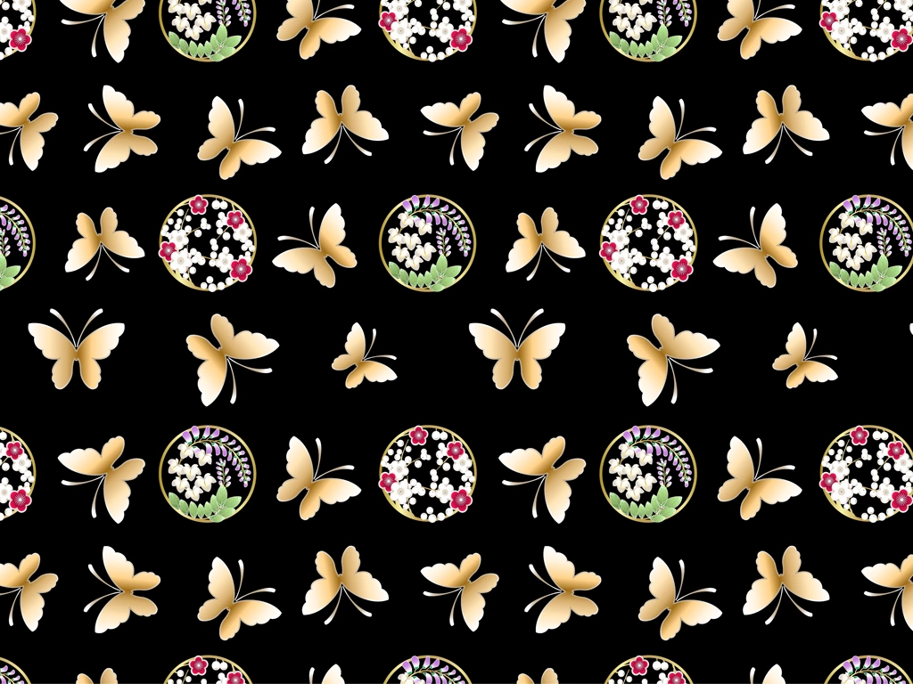 6種類の蝶・藤・梅柄模様の和柄背景イラストとベクター | 金色と黒色