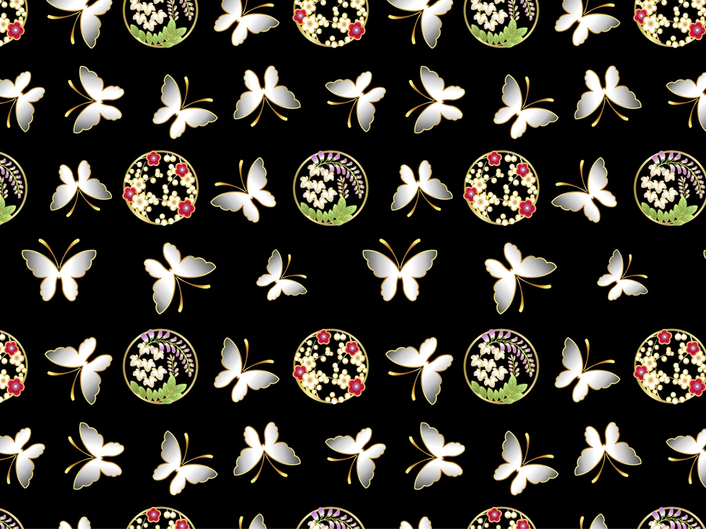 6種類の蝶・藤・梅柄模様の和柄背景イラストとベクター | 銀色と黒色