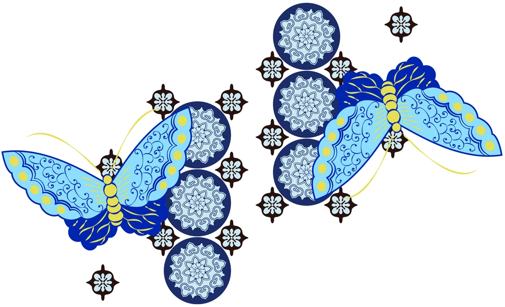 6種類の蝶の図案のイラストとベクター | 水色と青色と紺色