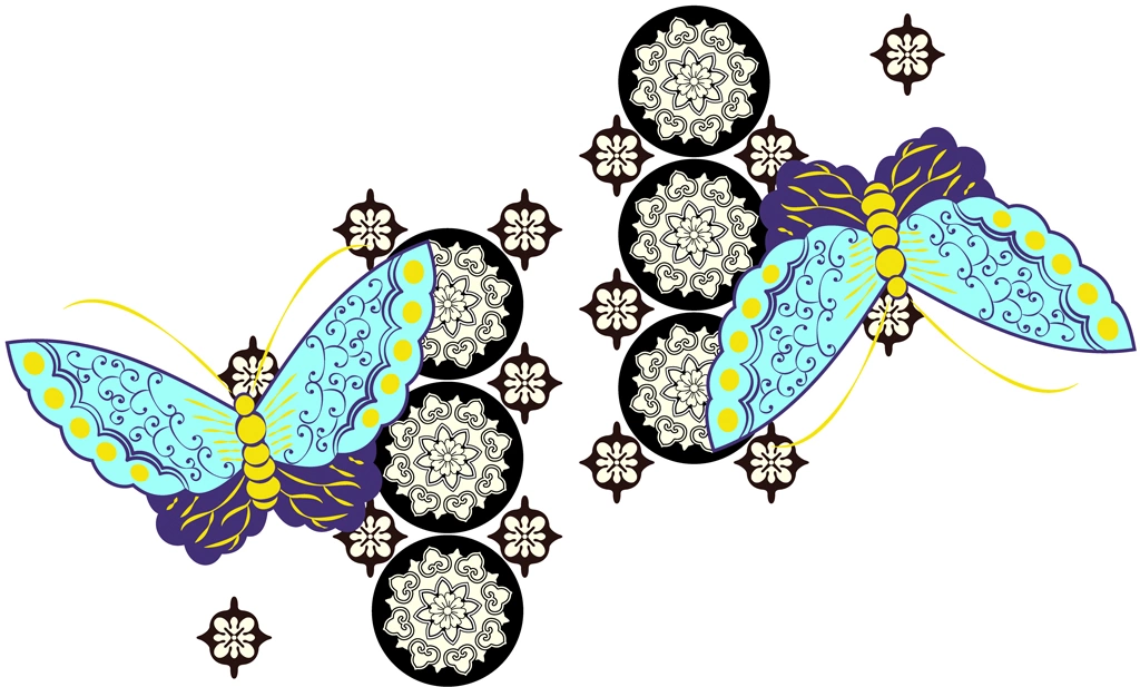 6種類の蝶の図案のイラストとベクター | 水色と紺色と黒色
