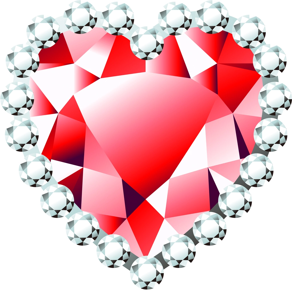 6種類のダイヤモンドとハート型の宝石のイラストとベクター | 赤色