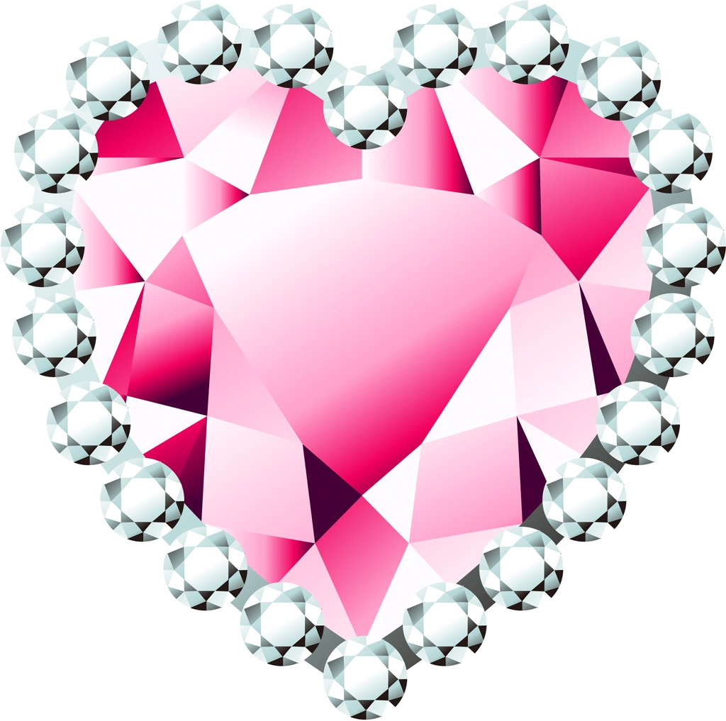 6種類のダイヤモンドとハート型の宝石のイラストとベクター | ピンク色