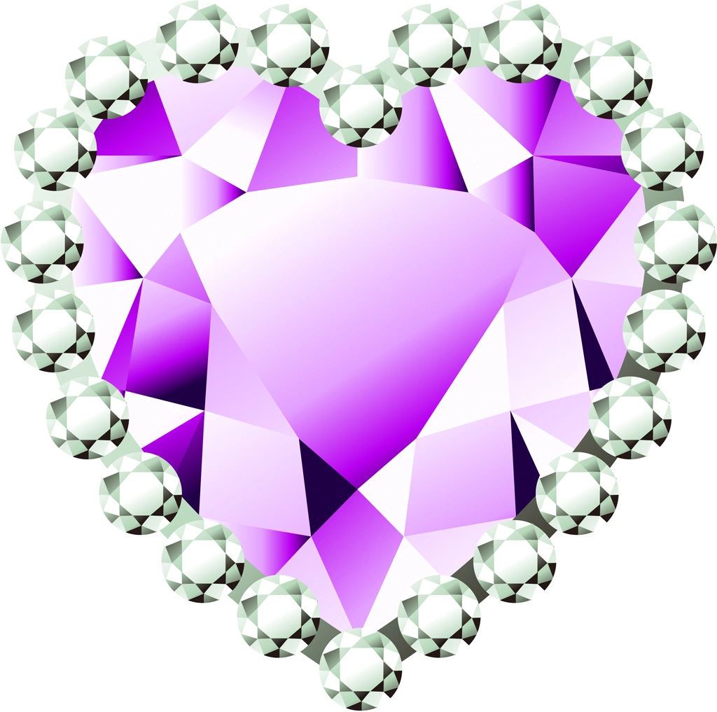 6種類のダイヤモンドとハート型の宝石のイラストとベクター | 紫色