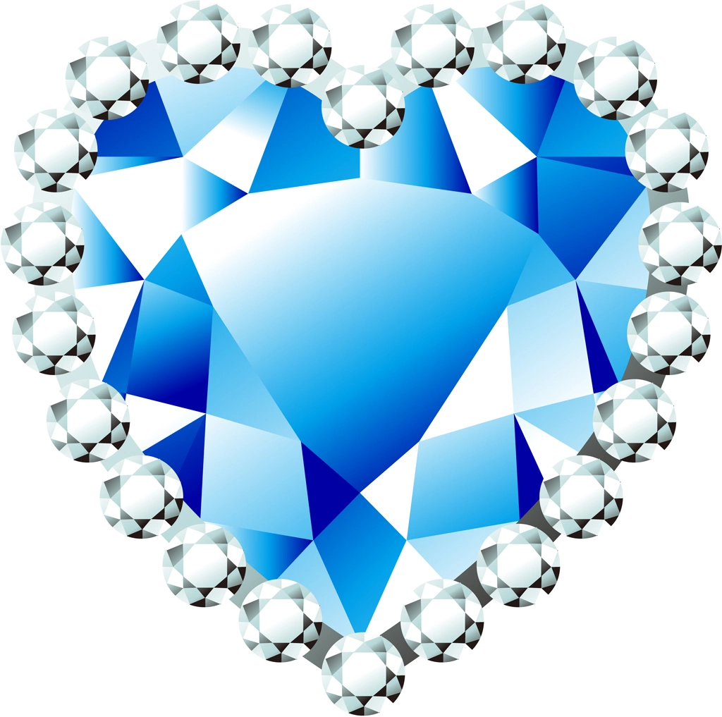 6種類のダイヤモンドとハート型の宝石のイラストとベクター | 青色