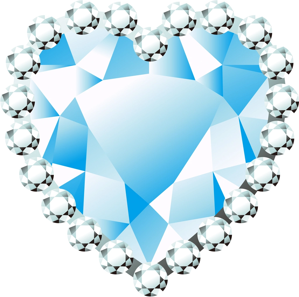 6種類のダイヤモンドとハート型の宝石のイラストとベクター | 水色