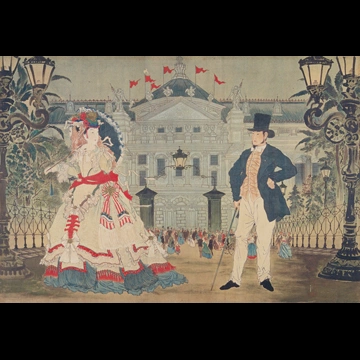 「河竹黙阿弥作 『漂流奇譚西洋劇』 パリス劇場 表掛りの場」 河鍋暁斎 （1879年）