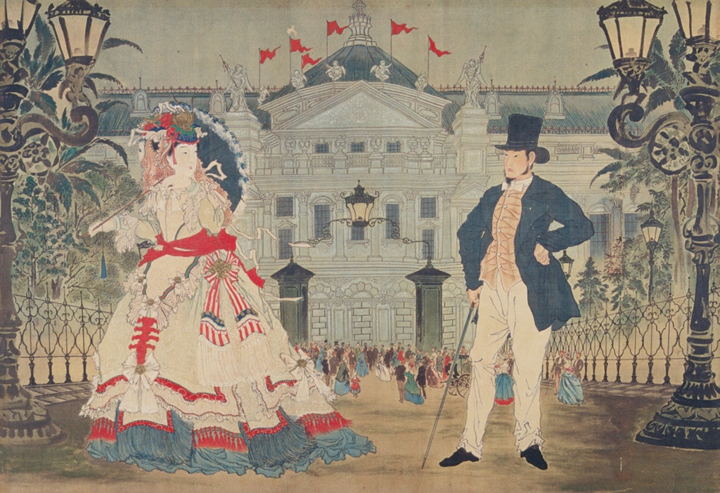 「河竹黙阿弥作 『漂流奇譚西洋劇』 パリス劇場 表掛りの場」 河鍋暁斎 （1879年） | 画鬼・暁斎 KYOSAI 幕末明治のスター絵師と弟子コンドルより