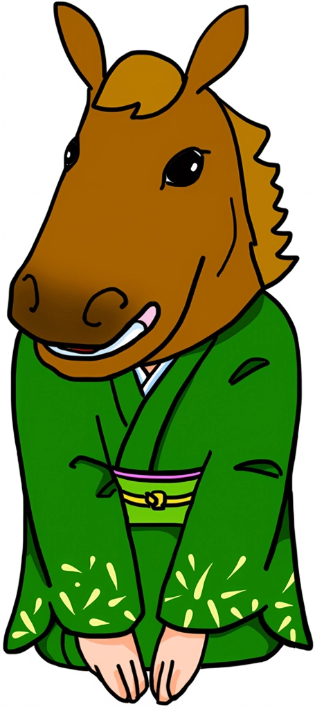 6種類の午年の新年の挨拶のイラスト | 女性 （緑色の着物）