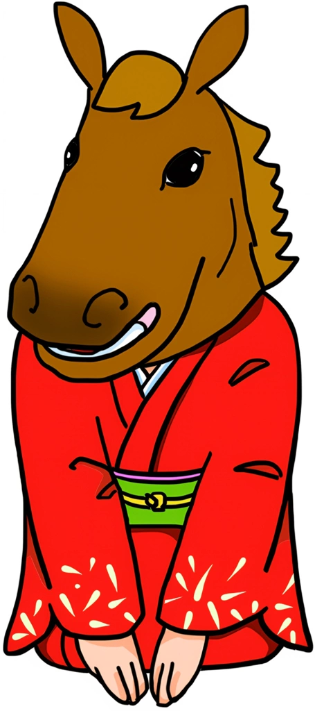 6種類の午年の新年の挨拶のイラスト | 女性 （赤色の着物）