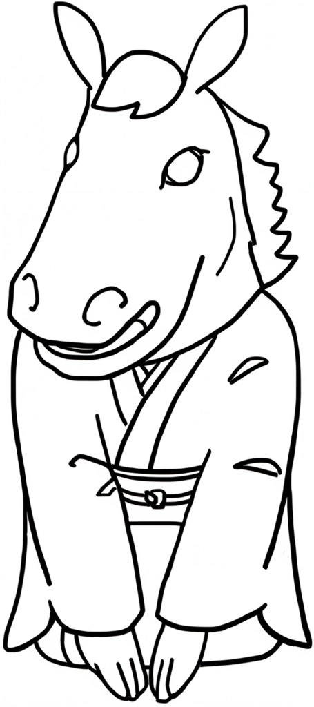 6種類の午年の新年の挨拶のイラスト | 女性 （白黒）