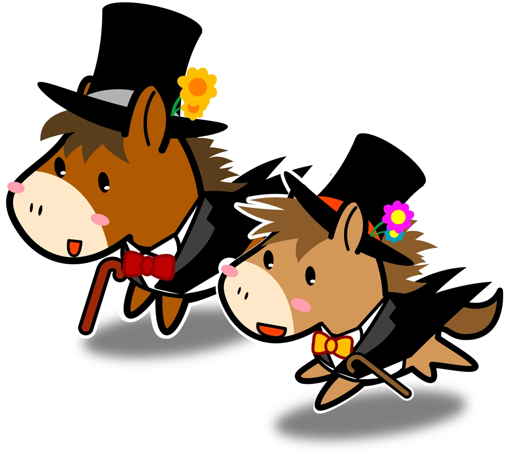 2種類の燕尾服とシルクハットを着て駆ける馬のイラストとベクター | 燕尾服とシルクハットを着て駆ける2匹の馬 #1