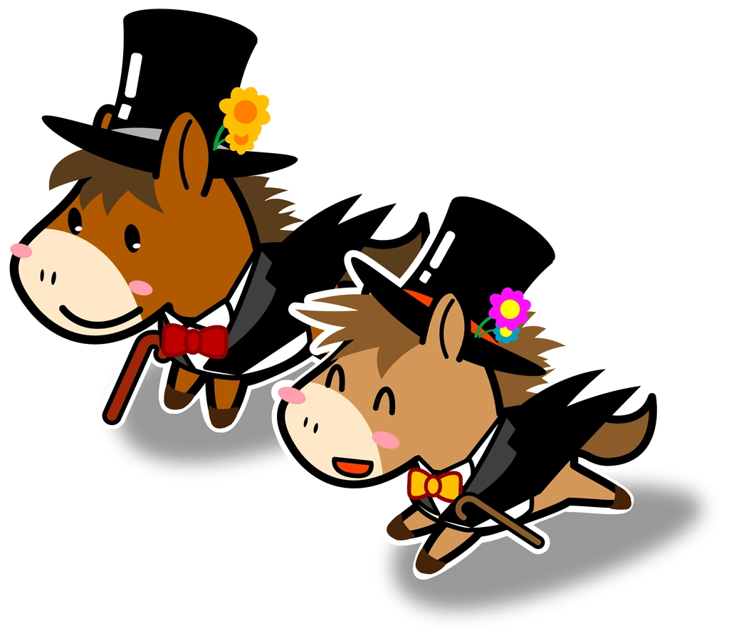 2種類の燕尾服とシルクハットを着て駆ける馬のイラストとベクター | 燕尾服とシルクハットを着て駆ける2匹の馬 #2