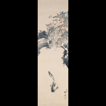 「群猫釣鯰図」 河鍋暁斎