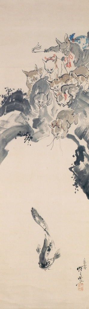 「群猫釣鯰図」 河鍋暁斎 | 画鬼・暁斎 KYOSAI 幕末明治のスター絵師と弟子コンドルより