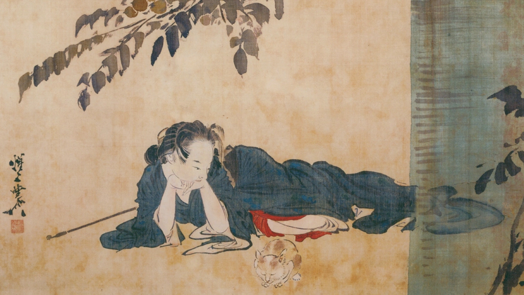 「横たわる美人に猫図」 河鍋暁斎 | 画鬼・暁斎 KYOSAI 幕末明治のスター絵師と弟子コンドルより