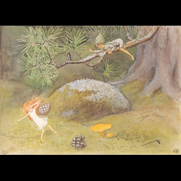 「おひさまのたまご 挿絵 #4 （妖精にまつぼっくりを投げつけるやんちゃなコッテ）」 エルサ・ベスコフ