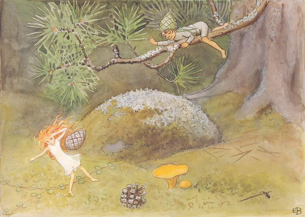 「おひさまのたまご 挿絵 #4 （妖精にまつぼっくりを投げつけるやんちゃなコッテ）」 エルサ・ベスコフ | 1