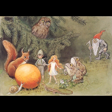 「おひさまのたまご 挿絵 #6 （おひさまの卵の周りに集まる妖精と動物たち）」 エルサ・ベスコフ