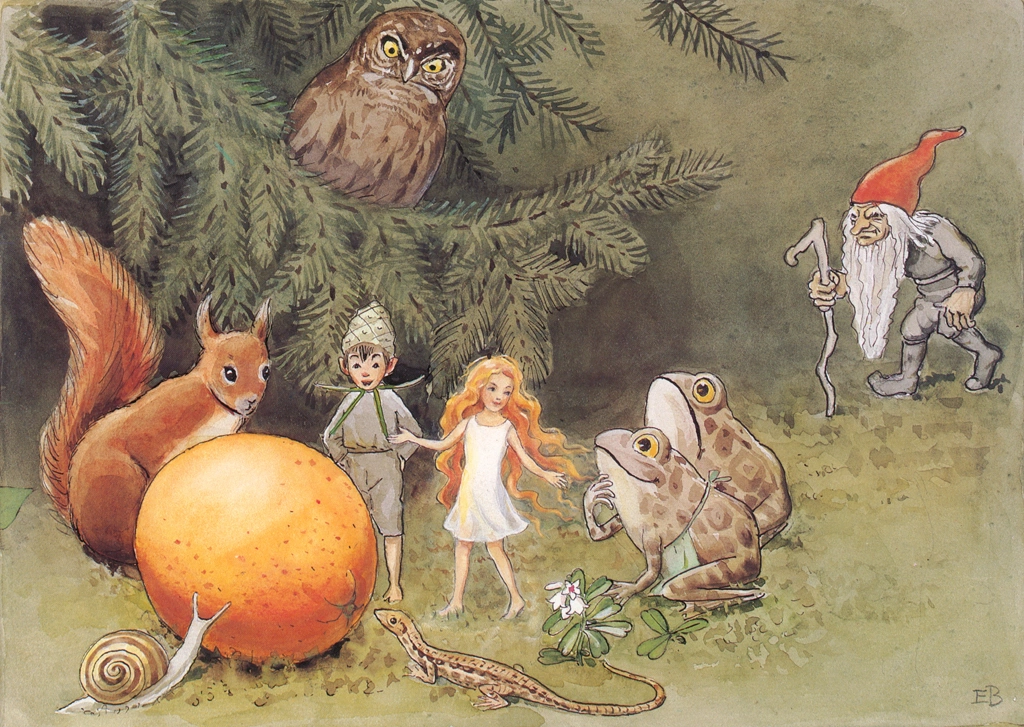 「おひさまのたまご 挿絵 #6 （おひさまの卵の周りに集まる妖精と動物たち）」 エルサ・ベスコフ | 1