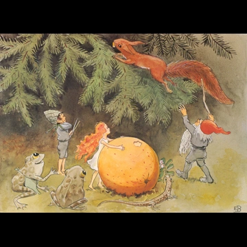 「おひさまのたまご 挿絵 #7 （おひさまの卵の殻をかじって木にとびつくリス）」 エルサ・ベスコフ