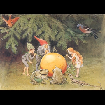 「おひさまのたまご 挿絵 #8 （ズアオアトリがオレンジだと教えてくれたので吸ってみる妖精と動物たち）」 エルサ・ベスコフ