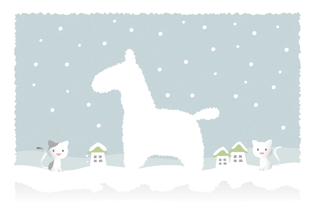2種類の雪の馬と猫のイラストとベクター | 灰色