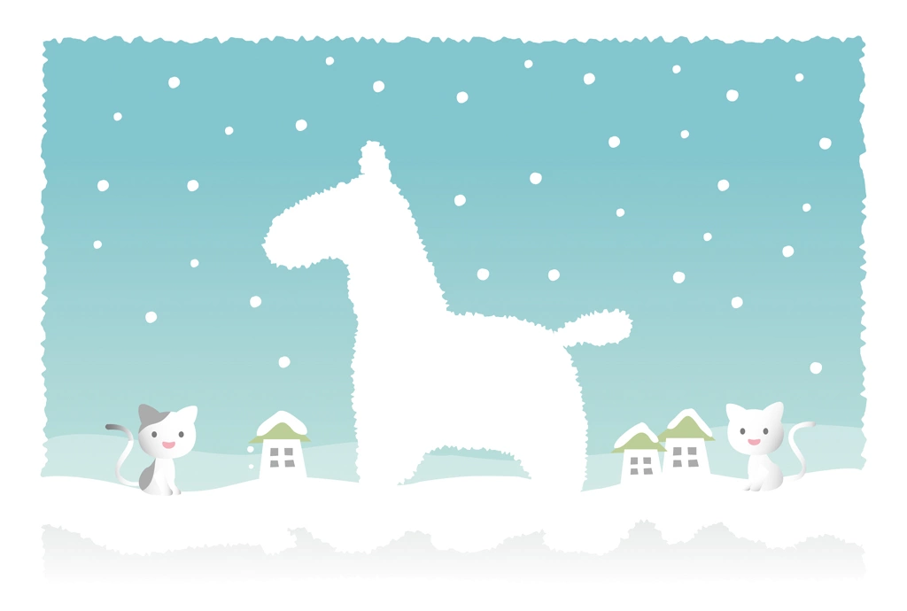 2種類の雪の馬と猫のイラストとベクター | 青緑色