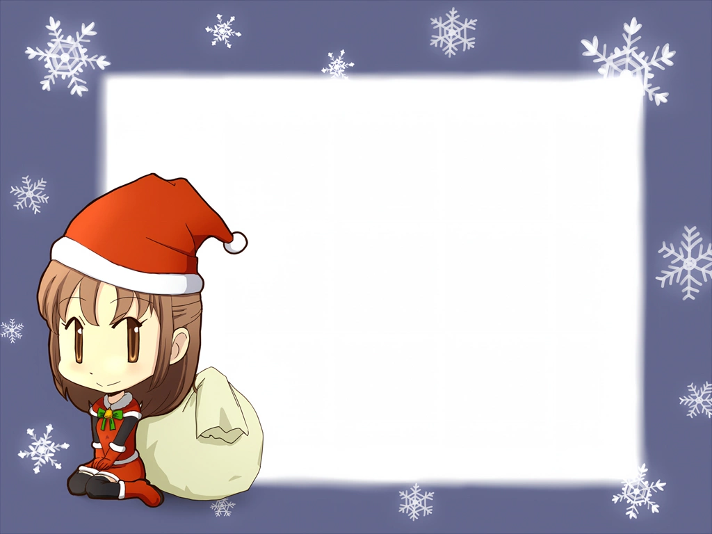 4種類の雪の結晶とサンタクロースの衣装を着た少女のクリスマスフレームのイラスト | 青灰色