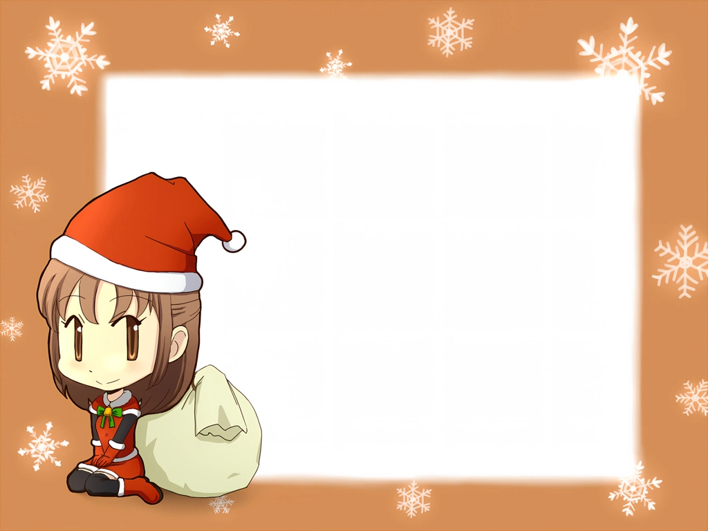 4種類の雪の結晶とサンタクロースの衣装を着た少女のクリスマスフレームのイラスト | 淡茶色