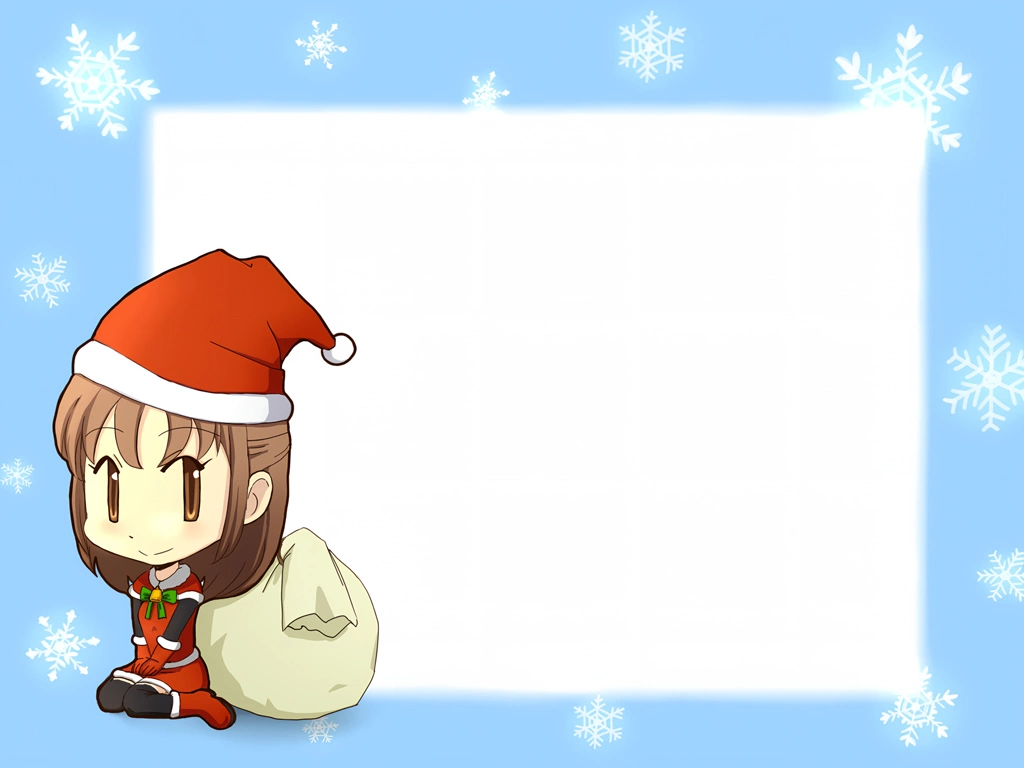 4種類の雪の結晶とサンタクロースの衣装を着た少女のクリスマスフレームのイラスト | 水色