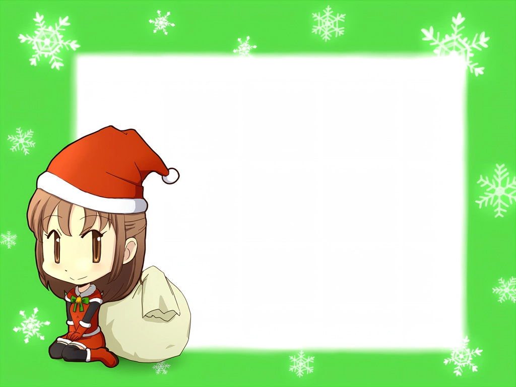 4種類の雪の結晶とサンタクロースの衣装を着た少女のクリスマスフレームのイラスト | 緑色