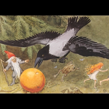 「おひさまのたまご 挿絵 #9 （おひさまのくだものを奪うカラス）」 エルサ・ベスコフ