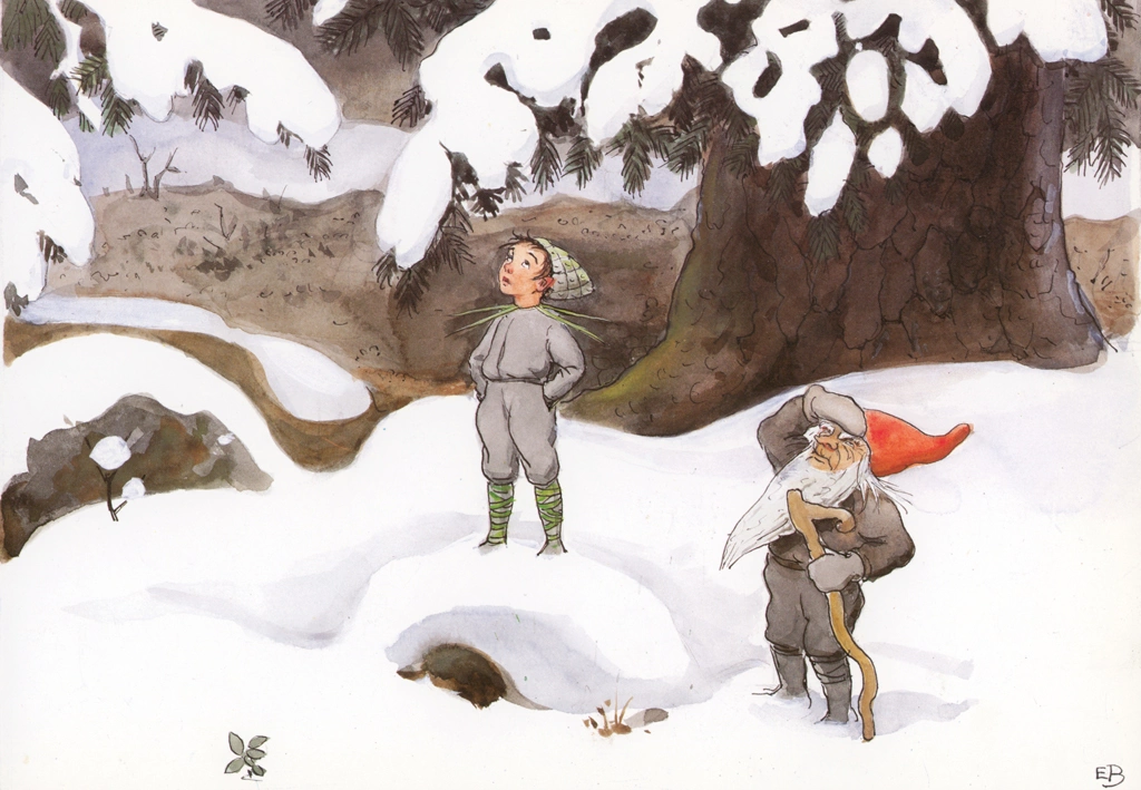 「おひさまのたまご 挿絵 #12 （妖精の帰りを待つねっこじいちゃんとコッテ）」 エルサ・ベスコフ | 1